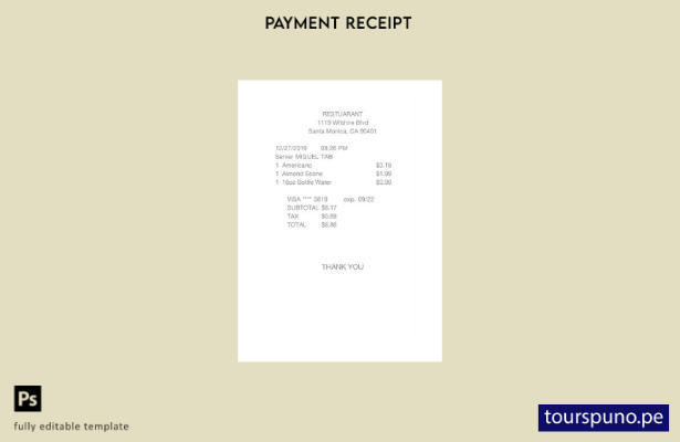 Plantilla de recibo de efectivo de restaurante lista para imprimir